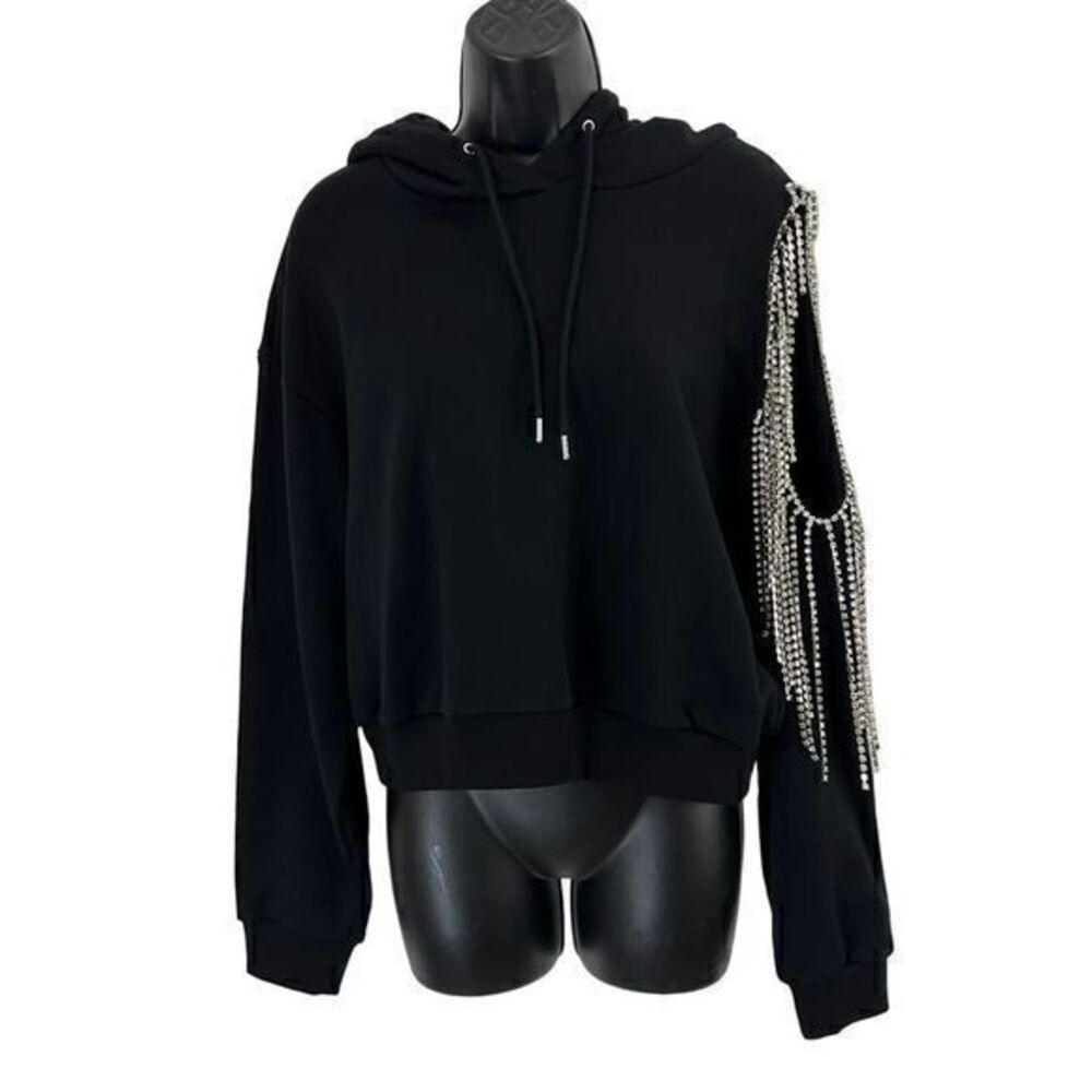 Area Shoulder Cut Out Rhinestone‎ Embellished Fringe Pullover Hoodie Black Large